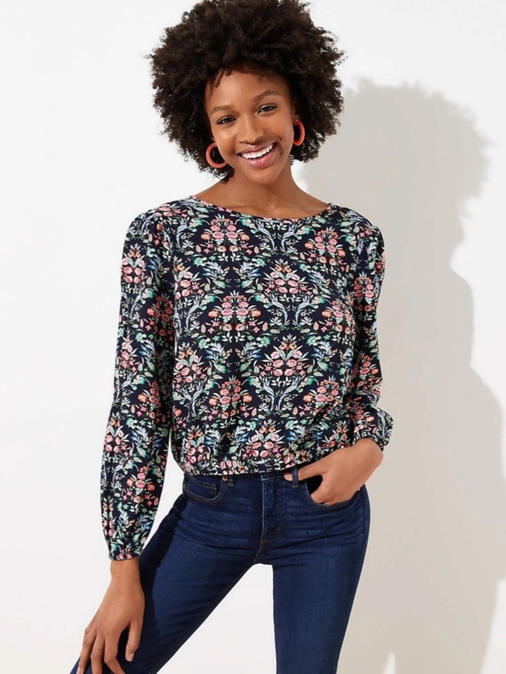 Ann Taylor LOFT NWT Navy Blue Colorful Floral Print Faux Wrap Back Blouse Medium